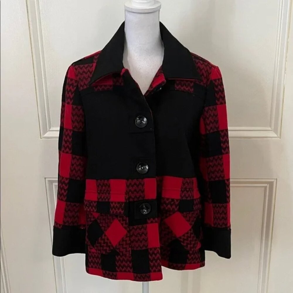 Mutiples red and black checkered pea coat. Size medium